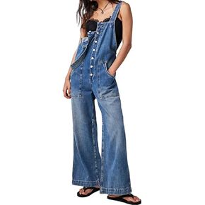 Kedera Women's Casual Baggy Denim Adjustable Denim Bib Overalls Loose Wide Leg Jeans Pants Jumpsuits with Pockets