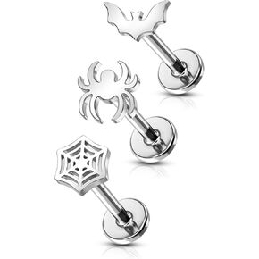 COCHARM 3Pcs 16G Stud Earrings, Silver Flat Back Earrings, Halloween Cartilage Helix Piercing Jewelry Spider Web Tragus Conch Earring Stud 8mm Bat Ear Piercing Stud