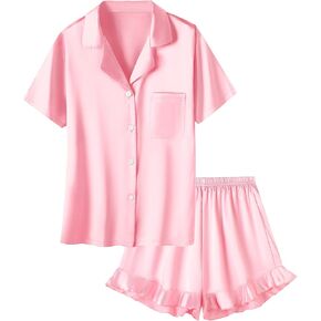 Umeyda Girls & Women Satin Pajamas Set Button Down 2 Piece Silk Pjs Shorts Set Ruffle Sleepwear, 5 Years-Women L