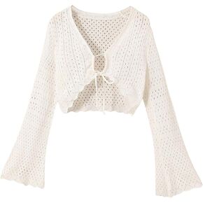 Girl's Tie Front Cardigan Hollow Out Scallop Trim Bell Long Sleeve Drop Shoulder Sweater