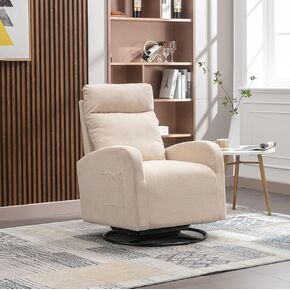 Swivel Glider Chair for Nursery, Modern Rocker Chair with High Back and Storage Pocket, Upholstered Accent Rocking Chair with Solid Metal Base for Living Room, Bedroom (Beige Fabric)
