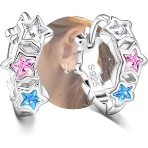 Star Earrings for Girls - Sterling Silver Stars Hoop Earrings for Women Hypoallergenic Colorful Cubic Zirconia Star Shaped Earrings for Teens Lightweight Loop Earring for Daughter Granddaughter Niece