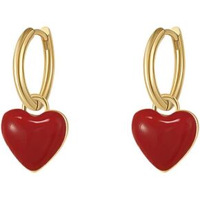 Cute Red Heart Love Dangle Drop Small Huggie Hoop Earrings for Women Girls Vintage Minimalist 14K Gold Plated Enamel Charm Hoops Dainty Hypoallergenic Jewelry Gifts for Her Birthday Valentines Day Xmas