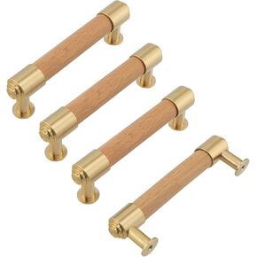 Modern Mid Century Brass and Wood Cabinet Pulls 3 Inch Center to Center Hole 4Pack Kitchen Drawer Handle Unfinished Dresser Knob for Closet Cupboard Wardrobe Brushed Finish