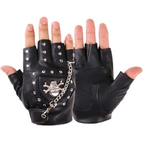 Half Finger Punk Rivets PU Leather Gloves Black Biker Gloves with Metal Chain for Motorcycles Fingerless Dancing Mittens Black PU Leather