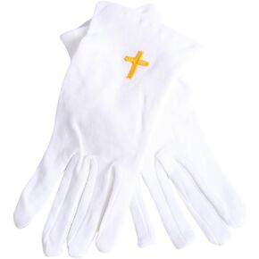 Plain White Cotton Gloves with Gold Cross for Adults