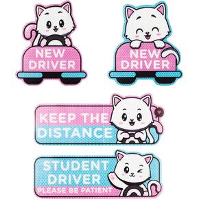 4pcs Cartoon Cat Student Driver Car Magnet, 9 Inch Cute New Driver Sign for Car Cartoon Reflective Student Driver Car Magnet Sticker Gift for Teen Girls Reusable Car Bumper Safety Sign