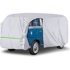 غطاء سيارة فضي مقاوم للماء في جميع الأحوال الجوية متوافق مع 1950-1992 VW BUS T1 T2 T3، مع سحاب الباب، حزام مقاوم للرياح، حقيبة تخزين in Kuwait