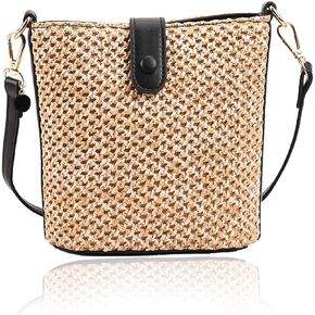 Straw Crossbody Purse Bag,Small Woven Straw Belt Bucket Shoulder Bag,Mini Summer Beach Satchel Handbag