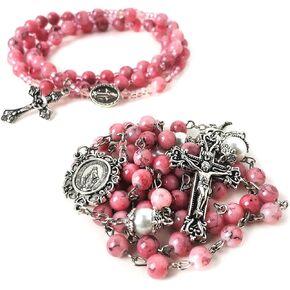 Virgin Mary Marbled Pink and Faux Pearl Acrylic Rosary and 5 Decade Rosary Bracelet Set