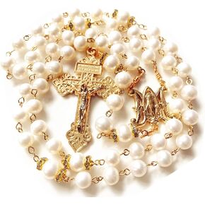 elegantmedical GOLD AAA 8-9MM pearls PEARL BEADS ROSARY CROSS NECKLACE CATHOLIC GIFT