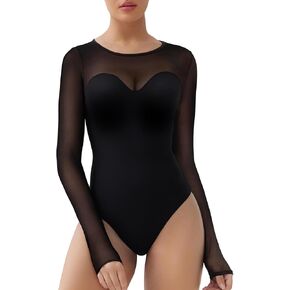 SHAPERX Women's Mesh Bodysuit Long Sleeve Crew Neck Sheer Tops Fit Everybody Body Suits