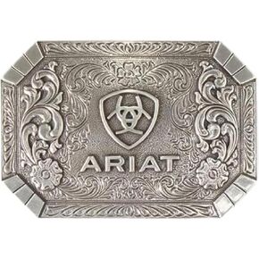ARIAT Rectangle Buckle with Western Floral Engraving and Emblem, Antique Silver Finish, 2-1/2" x 3-5/8"