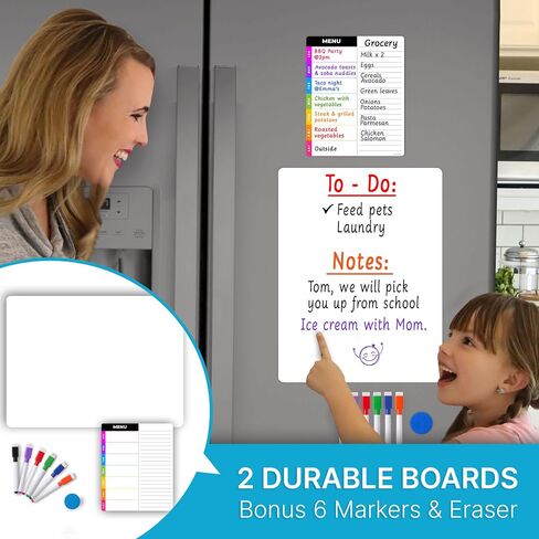 Magnetic Blackboard for Fridge - Dry Erase Black Board for Home, Office & Classroom (11.5" x15"), Menu Board for Kitchen Fridge - Family Meal Planner (7" x9") - 6 Fine Tip Magnetic Markers & Eraser in Saudi Arabia
