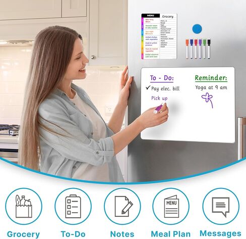 Magnetic Blackboard for Fridge - Dry Erase Black Board for Home, Office & Classroom (11.5" x15"), Menu Board for Kitchen Fridge - Family Meal Planner (7" x9") - 6 Fine Tip Magnetic Markers & Eraser in Saudi Arabia