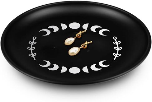 5.5inch Small Ring Jewelry Dish, Metal Trinket Ring Tray, Moon Phase Printed Ring Holder Dish, Black Decorative Tray Plate for Candle Altar Ritual, Round Offering Prayer Bowl in Saudi Arabia