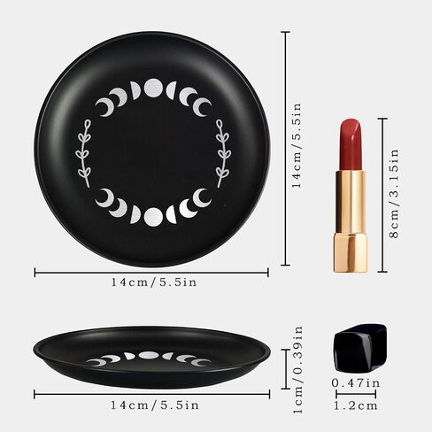 5.5inch Small Ring Jewelry Dish, Metal Trinket Ring Tray, Moon Phase Printed Ring Holder Dish, Black Decorative Tray Plate for Candle Altar Ritual, Round Offering Prayer Bowl in Saudi Arabia