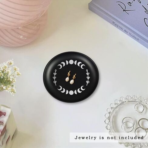 5.5inch Small Ring Jewelry Dish, Metal Trinket Ring Tray, Moon Phase Printed Ring Holder Dish, Black Decorative Tray Plate for Candle Altar Ritual, Round Offering Prayer Bowl in Saudi Arabia