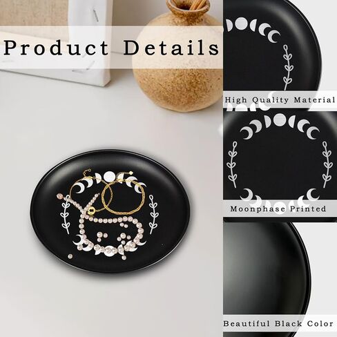 5.5inch Small Ring Jewelry Dish, Metal Trinket Ring Tray, Moon Phase Printed Ring Holder Dish, Black Decorative Tray Plate for Candle Altar Ritual, Round Offering Prayer Bowl in Saudi Arabia
