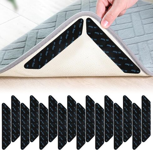 16PCS Rug Sticker for Floor, Reusable Washable Rug Gripper, Non Slip Carpet Rug Stopper for Room Kitchen Hardwood Tile Laminate Floor, Residue-Free Removal Protection Against Accident (Black) in Saudi Arabia