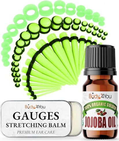 طقم 55 قطعة لتمديد الأذن من BodyJ4You 14G-12mm - بلسم تمدد الأذن بزيت الجوجوبا للعناية اللاحقة - سدادات أكريليك خضراء قياس أنفاق السيليكون - موسعات خفيفة الوزن للرجال والنساء in Kuwait