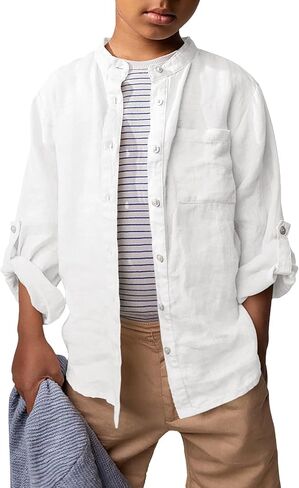 Haloumoning Boys Linen Henley Shirt Button Down Long Sleeve Shirts 5-14 Years in Saudi Arabia