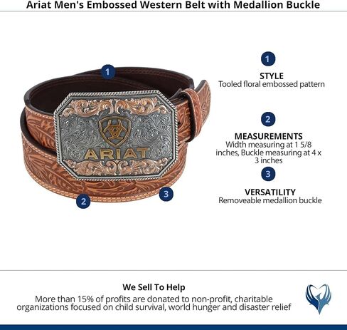ARIAT Men's Floral Embossed Taper Belt, Tan, 34 in Saudi Arabia