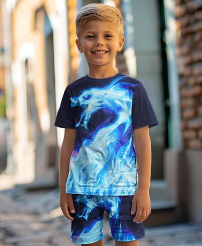 Boys' 3D Graphic T-Shirt and Shorts Set - Colorful Neon Print Outfits for Kids in Kuwait