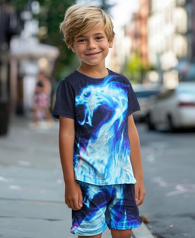 Boys' 3D Graphic T-Shirt and Shorts Set - Colorful Neon Print Outfits for Kids in Kuwait