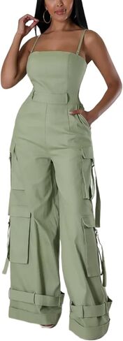 SHINFY Women's 2024 Cargo Jumpsuit Spaghetti Strap Y2K Wide Leg Baggy Loose Cargo Pants Overall Rompers in Saudi Arabia
