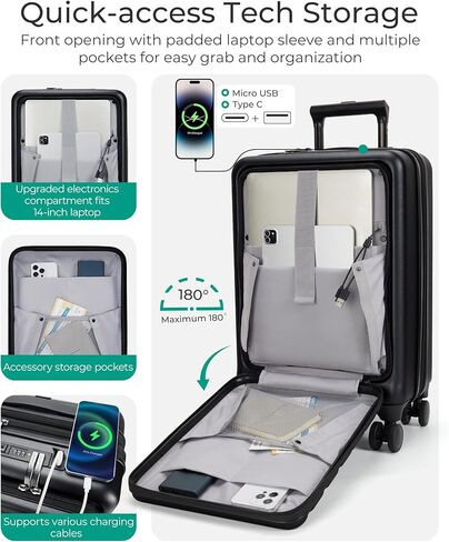 BAGSMART Expandable Carry On Luggage 22x14x9 Airline Approved, 20" Suitcases with Spinner Wheels,Charging Ports,TSA Lock, Hard Shell Front Opening Carry On Luggage for Men Women Travel Business,White in Saudi Arabia