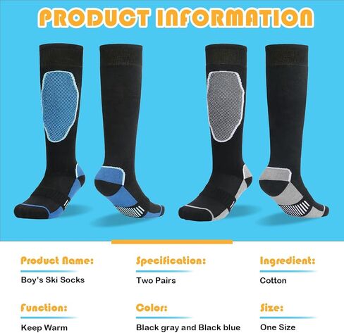 Ski Socks Wool Cold Weather Socks for Snowboarding Winter Thermal Knee-High Warm Sock, 2 Pairs Calf Socks for Chirden with Grey-Black and Blue-Black in Saudi Arabia