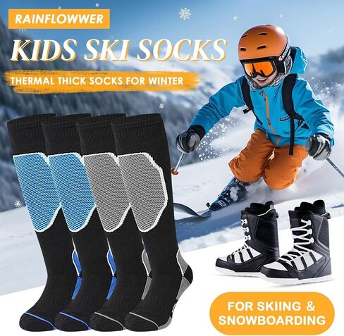 Ski Socks Wool Cold Weather Socks for Snowboarding Winter Thermal Knee-High Warm Sock, 2 Pairs Calf Socks for Chirden with Grey-Black and Blue-Black in Saudi Arabia