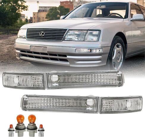 USR 95-97 LS400 أضواء إشارة الانعطاف - مجموعة مصابيح إشارة المصد الأمامي ذات العدسات الشفافة بالكامل من الكريستال JDM (يسار + يمين، داخلي + خارجي، 4 قطع) متوافق مع لكزس LS400 1995-1997 in Kuwait