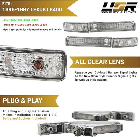USR 95-97 LS400 أضواء إشارة الانعطاف - مجموعة مصابيح إشارة المصد الأمامي ذات العدسات الشفافة بالكامل من الكريستال JDM (يسار + يمين، داخلي + خارجي، 4 قطع) متوافق مع لكزس LS400 1995-1997 in Kuwait