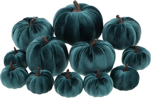 12pcs Artificial Velvet Faux Pumpkins Halloween Handmade Crafts Fabric Foam Fall Harvest Table Centerpiece Party Thanksgiving Decorative - Teal in Saudi Arabia