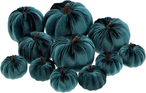 12pcs Artificial Velvet Faux Pumpkins Halloween Handmade Crafts Fabric Foam Fall Harvest Table Centerpiece Party Thanksgiving Decorative - Teal in Saudi Arabia