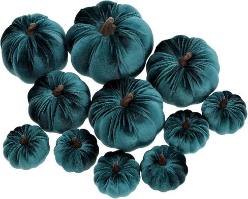 12pcs Artificial Velvet Faux Pumpkins Halloween Handmade Crafts Fabric Foam Fall Harvest Table Centerpiece Party Thanksgiving Decorative - Teal in Saudi Arabia
