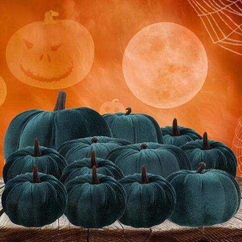 12pcs Artificial Velvet Faux Pumpkins Halloween Handmade Crafts Fabric Foam Fall Harvest Table Centerpiece Party Thanksgiving Decorative - Teal in Saudi Arabia