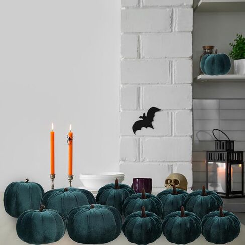 12pcs Artificial Velvet Faux Pumpkins Halloween Handmade Crafts Fabric Foam Fall Harvest Table Centerpiece Party Thanksgiving Decorative - Teal in Saudi Arabia
