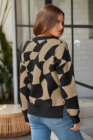 ECOWISH Women Crewneck Pullover Sweater: Fall Winter Long Sleeve Casual Ribbed Knit Side Slit Colorblock Jumper Tops in Saudi Arabia