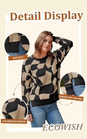 ECOWISH Women Crewneck Pullover Sweater: Fall Winter Long Sleeve Casual Ribbed Knit Side Slit Colorblock Jumper Tops in Saudi Arabia