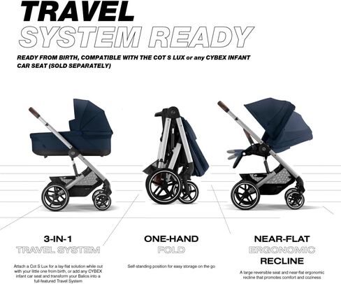عربة أطفال Cybex Balios S Lux بمواجهة أمامية أو مواجهة للوالدين، مواضع مقعد بيد واحدة قابلة للطي ومتعددة الأوضاع، عربة أطفال بمقود جلدي قابل للتعديل لمدة 6 أشهر فما فوق، أسود عميق in Kuwait
