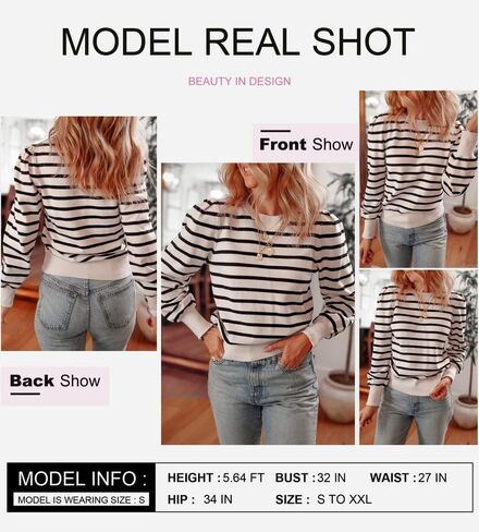 Dokotoo Women's Striped Sweaters Puff Long Sleeve Crewneck Ribbed Knit Pullover Jumper Tops in Saudi Arabia