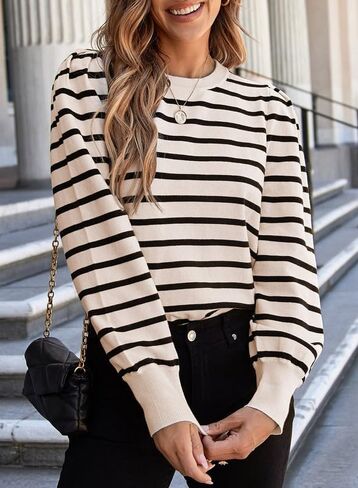 Dokotoo Women's Striped Sweaters Puff Long Sleeve Crewneck Ribbed Knit Pullover Jumper Tops in Saudi Arabia