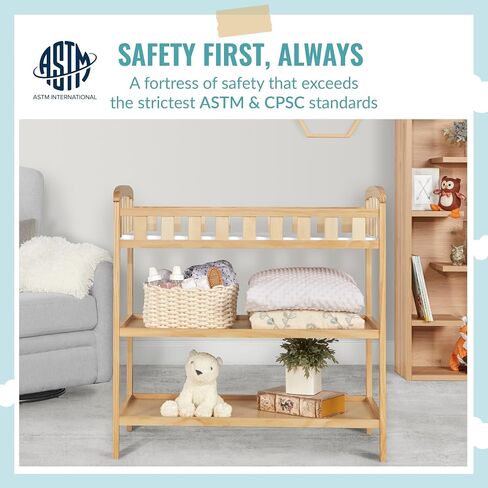 Dream On Me Emily Changing Table, Compact and Lightweight, Solid New Zealand Pinewood, Elevated Safety Rails, Two Storage Shelves, Includes Water-Resistant 1" Changing Pad — Natural in Saudi Arabia