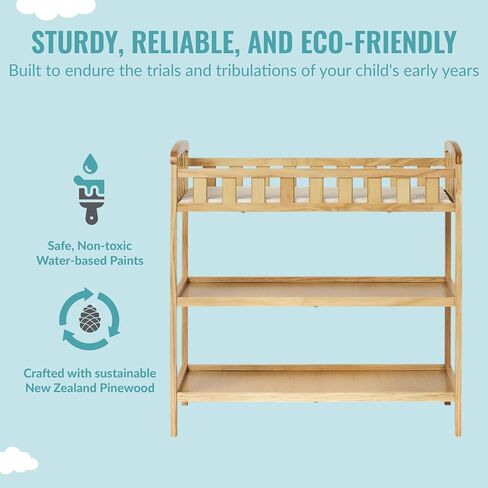 Dream On Me Emily Changing Table, Compact and Lightweight, Solid New Zealand Pinewood, Elevated Safety Rails, Two Storage Shelves, Includes Water-Resistant 1" Changing Pad — Natural in Saudi Arabia