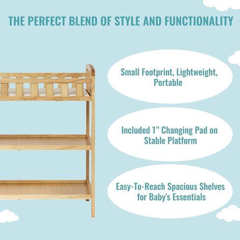 Dream On Me Emily Changing Table, Compact and Lightweight, Solid New Zealand Pinewood, Elevated Safety Rails, Two Storage Shelves, Includes Water-Resistant 1" Changing Pad — Natural in Saudi Arabia