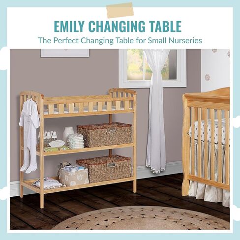 Dream On Me Emily Changing Table, Compact and Lightweight, Solid New Zealand Pinewood, Elevated Safety Rails, Two Storage Shelves, Includes Water-Resistant 1" Changing Pad — Natural in Saudi Arabia