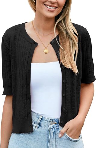 Newshows Womens Cardigan Sweaters 2024 Summer Lightweight Short Sleeve Cropped Bolero Shrug Hollow Out Button Down Knit Tops in Kuwait